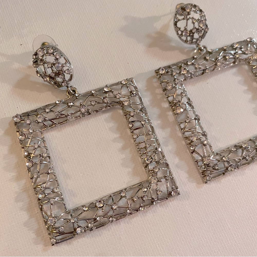 Oversized Silver Tone Geometric Square Mesh Metal Earrings with Rhinestones - Picture 2 of 3